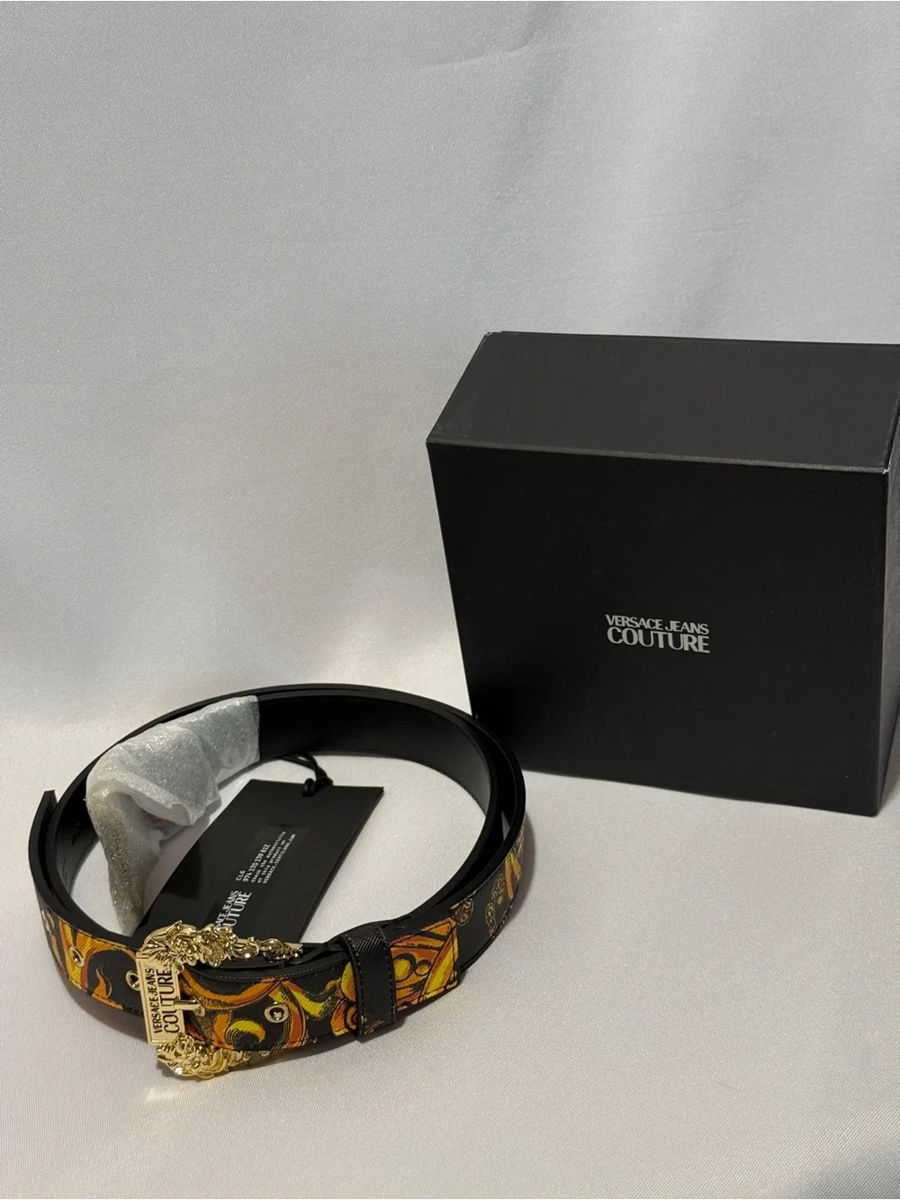 Versace Jeans Collection Black & Gold Baroque Buckle Belt with Orange Accents
